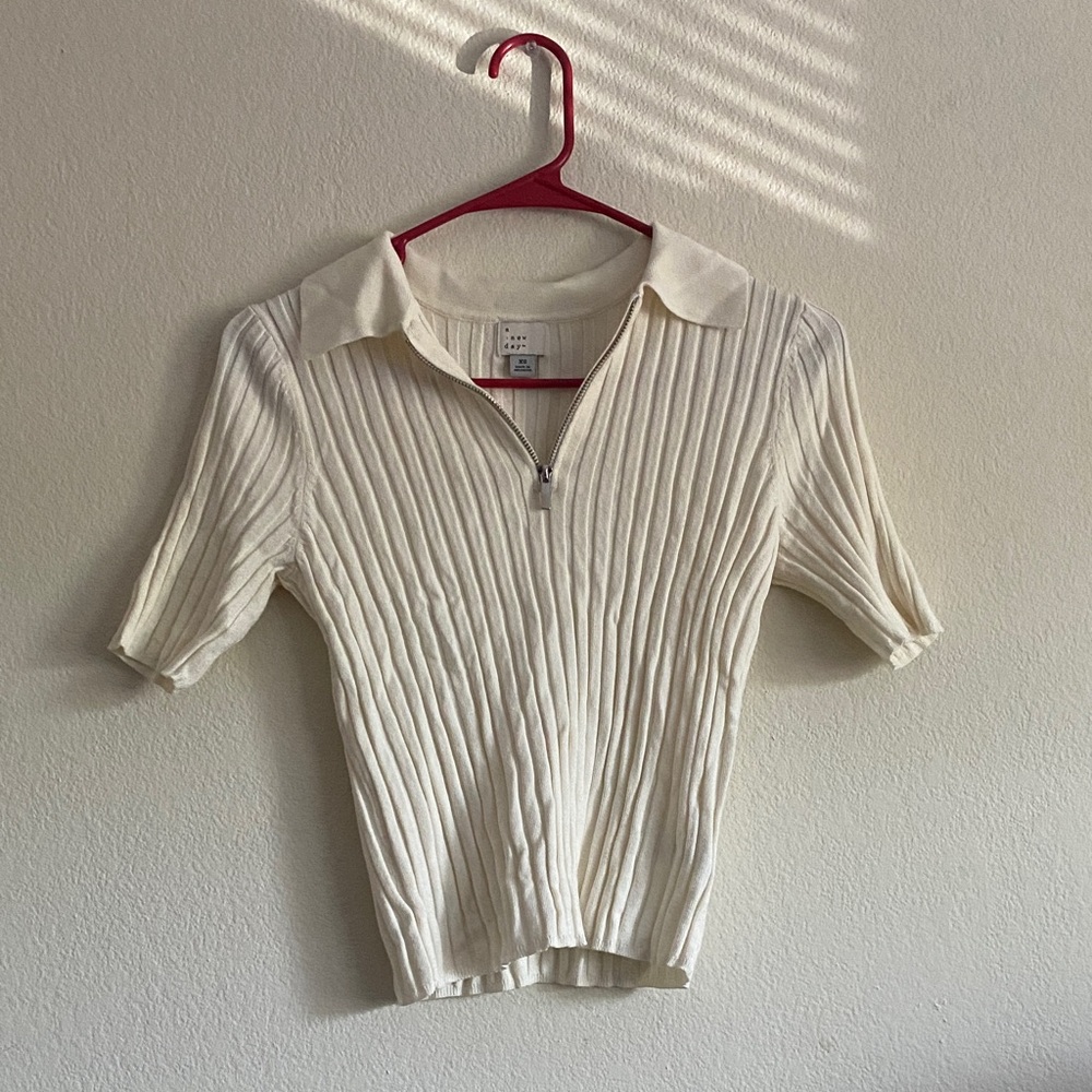 a new day Cream Ribbed Half-Zip Collared Short Sleeve Top